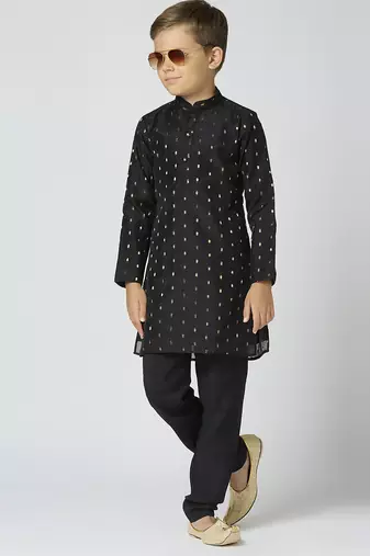 Full sleeves chanderi kurta, pyjama set with traditional butta work - black