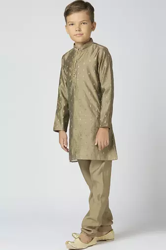 Full sleeves chanderi kurta, pyjama set with traditional butta work - grey
