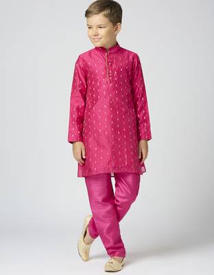 Full sleeves chanderi kurta, pyjama set with traditional butta work - rani pink 1