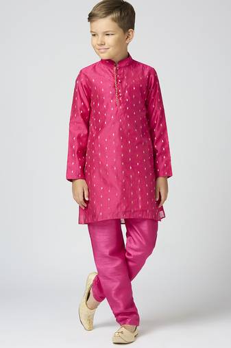 Full sleeves chanderi kurta, pyjama set with traditional butta work - rani pink
