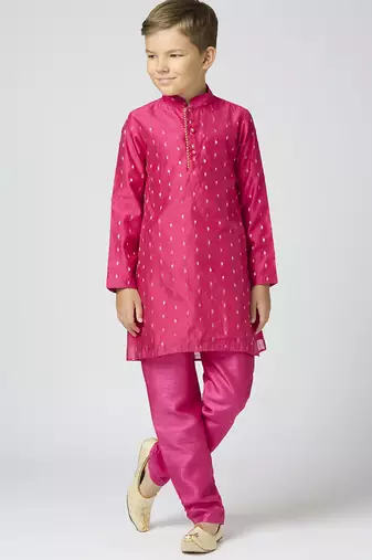 Full sleeves chanderi kurta, pyjama set with traditional butta work - rani pink