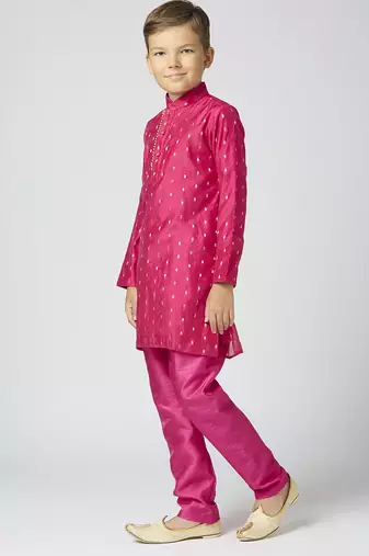 Full sleeves chanderi kurta, pyjama set with traditional butta work - rani pink