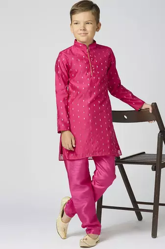 Full sleeves chanderi kurta, pyjama set with traditional butta work - rani pink