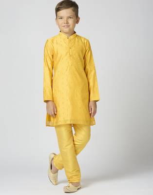Full sleeves chanderi kurta, pyjama set with traditional butta work - yellow 1