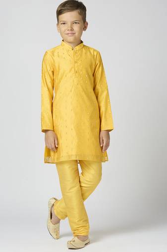 Full sleeves chanderi kurta, pyjama set with traditional butta work - yellow