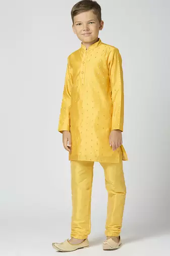 Full sleeves chanderi kurta, pyjama set with traditional butta work - yellow