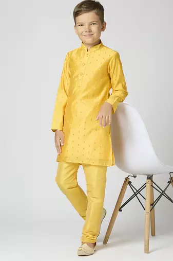 Full sleeves chanderi kurta, pyjama set with traditional butta work - yellow