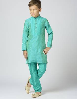 Full sleeves chanderi kurta, pyjama set with traditional butta work - sea green 1