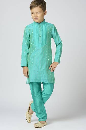 Full sleeves chanderi kurta, pyjama set with traditional butta work - sea green