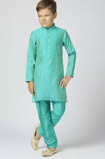 Full sleeves chanderi kurta, pyjama set with traditional butta work - sea green