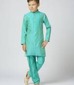 Full sleeves chanderi kurta, pyjama set with traditional butta work - sea green