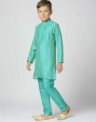 Full sleeves chanderi kurta, pyjama set with traditional butta work - sea green 2