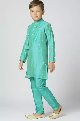 Full sleeves chanderi kurta, pyjama set with traditional butta work - sea green