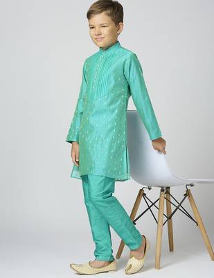 Full sleeves chanderi kurta, pyjama set with traditional butta work - sea green 5