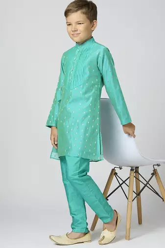 Full sleeves chanderi kurta, pyjama set with traditional butta work - sea green