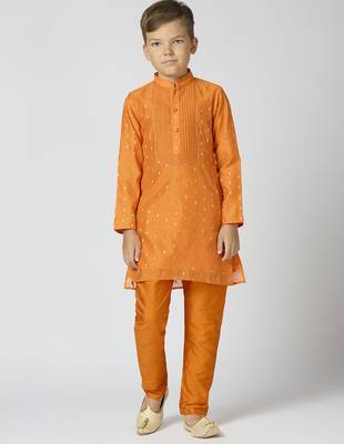 Full sleeves chanderi kurta, pyjama set with traditional butta work - orange 1