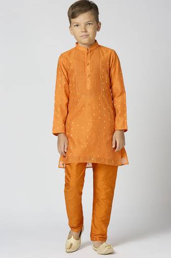Full sleeves chanderi kurta, pyjama set with traditional butta work - orange