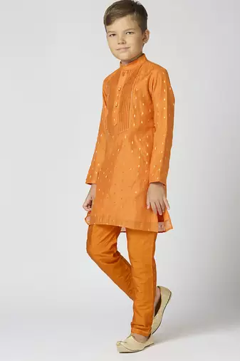 Full sleeves chanderi kurta, pyjama set with traditional butta work - orange