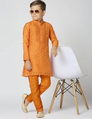 Full sleeves chanderi kurta, pyjama set with traditional butta work - orange 5