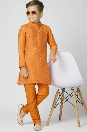 Full sleeves chanderi kurta, pyjama set with traditional butta work - orange