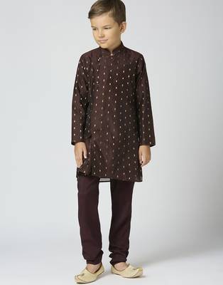 Full sleeves chanderi kurta, pyjama set with traditional butta work - brown 1