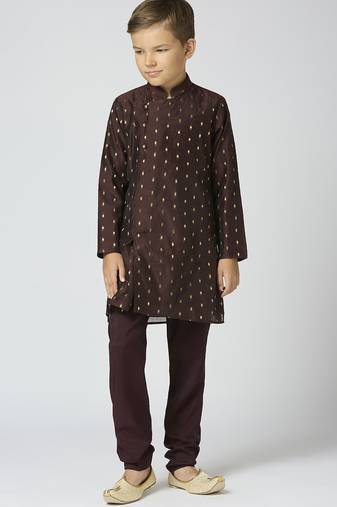 Full sleeves chanderi kurta, pyjama set with traditional butta work - brown