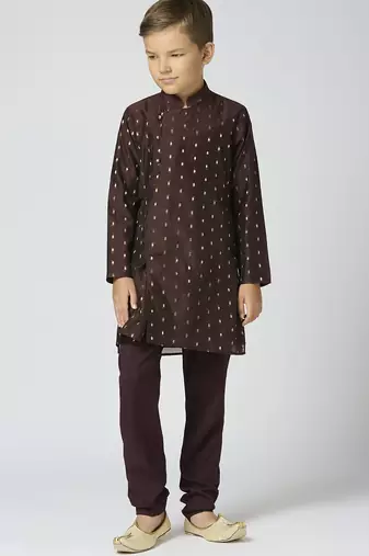 Full sleeves chanderi kurta, pyjama set with traditional butta work - brown