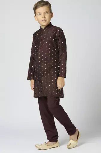 Full sleeves chanderi kurta, pyjama set with traditional butta work - brown