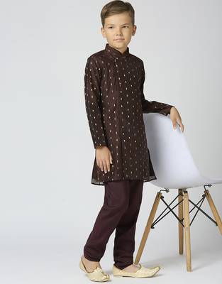 Full sleeves chanderi kurta, pyjama set with traditional butta work - brown 5