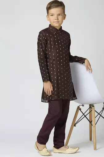 Full sleeves chanderi kurta, pyjama set with traditional butta work - brown