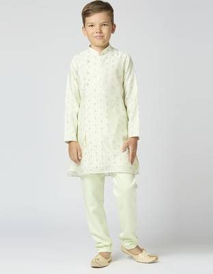 Full sleeves chanderi kurta, pyjama set with traditional butta work - pista 1