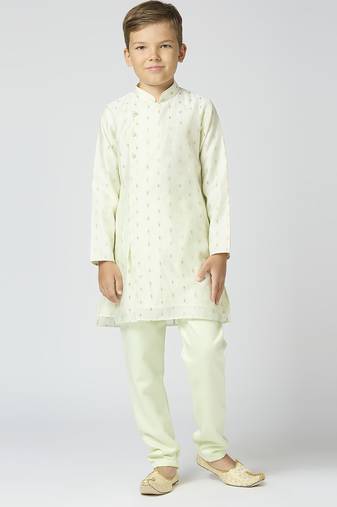 Full sleeves chanderi kurta, pyjama set with traditional butta work - pista