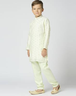 Full sleeves chanderi kurta, pyjama set with traditional butta work - pista 2