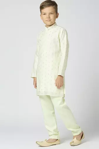 Full sleeves chanderi kurta, pyjama set with traditional butta work - pista