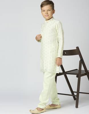 Full sleeves chanderi kurta, pyjama set with traditional butta work - pista 5