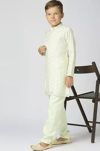Full sleeves chanderi kurta, pyjama set with traditional butta work - pista