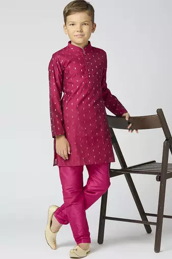 Full sleeves chanderi kurta, pyjama set with traditional butta work - purple