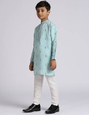 Traditional ethnic wear with silk sequence embroidery full sleeves kurta and pyjama set - teal blue 1