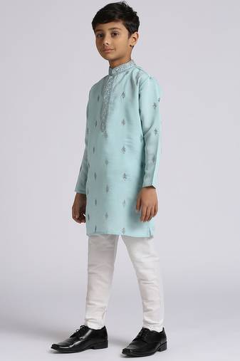 Traditional ethnic wear with silk sequence embroidery full sleeves kurta and pyjama set - teal blue