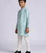 Traditional ethnic wear with silk sequence embroidery full sleeves kurta and pyjama set - teal blue