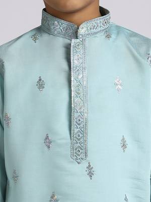 Traditional ethnic wear with silk sequence embroidery full sleeves kurta and pyjama set - teal blue 2