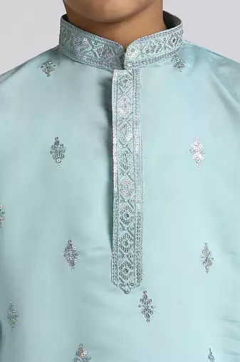 Traditional ethnic wear with silk sequence embroidery full sleeves kurta and pyjama set - teal blue