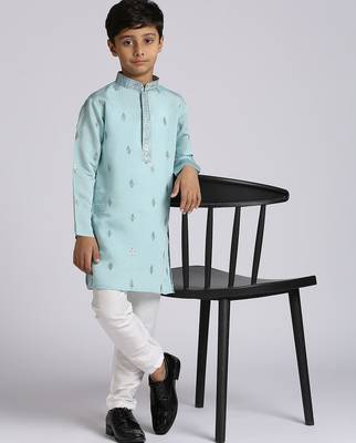 Traditional ethnic wear with silk sequence embroidery full sleeves kurta and pyjama set - teal blue 4