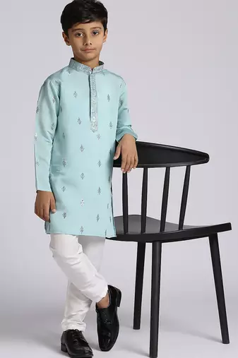 Traditional ethnic wear with silk sequence embroidery full sleeves kurta and pyjama set - teal blue