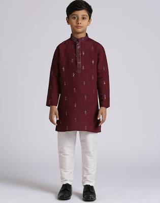Traditional ethnic wear with silk sequence embroidery full sleeves kurta and pyjama set - wine 1