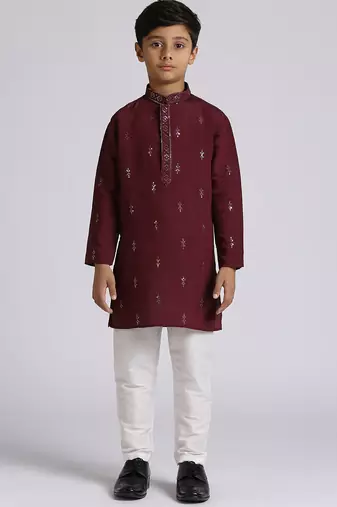 Traditional ethnic wear with silk sequence embroidery full sleeves kurta and pyjama set - wine