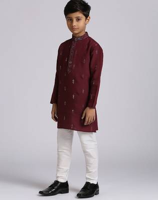 Traditional ethnic wear with silk sequence embroidery full sleeves kurta and pyjama set - wine 2