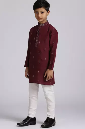 Traditional ethnic wear with silk sequence embroidery full sleeves kurta and pyjama set - wine