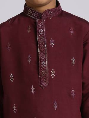 Traditional ethnic wear with silk sequence embroidery full sleeves kurta and pyjama set - wine 3