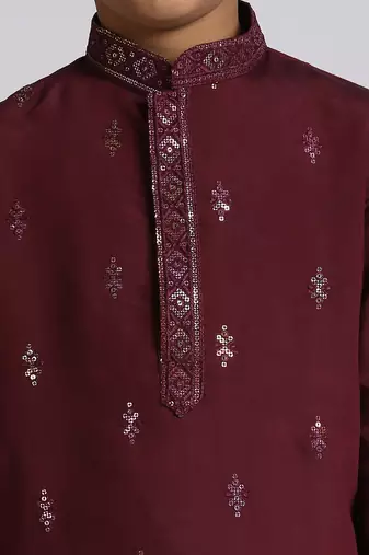 Traditional ethnic wear with silk sequence embroidery full sleeves kurta and pyjama set - wine